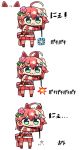  1girl :3 ahoge animal_ears bangs cat_ears chibi closed_mouth detached_ears emoji eyebrows_visible_through_hair flower green_eyes hair_between_eyes hair_flower hair_ornament holding hololive japanese_clothes kanikama kemonomimi_mode kimono multiple_views one_side_up outstretched_arms pink_flower pink_legwear pleated_skirt red_hair red_skirt sakura_miko simple_background skirt sleeveless sleeveless_kimono standing thighhighs translation_request virtual_youtuber white_background white_kimono 