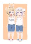  2girls animal_ears black_camisole blonde_hair blue_eyes blue_footwear blue_shorts blush border breasts camisole character_name closed_mouth dated denim denim_shorts double_bun expressionless hair_bun highres medium_breasts multiple_girls open_mouth orange_background original outline outside_border petite rabbit_ears rabbit_girl red_footwear samansa_(samansa_ex) samansa_ex shirt shorts siblings signature sisters sleeveless small_breasts spaghetti_strap standing tabasa_(samansa_ex) v white_border white_outline white_shirt 