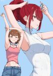  2girls arm_up armpits bare_arms bare_shoulders blue_background blue_pants blush breasts brown_eyes brown_hair camisole choker collarbone cowboy_shot hair_over_one_eye heart heart_choker highres hizikit holding_hair_tie holding_own_hair kirijou_mitsuru medium_breasts midriff midriff_peek multiple_girls official_alternate_costume one_eye_closed outstretched_arm pants parted_lips persona persona_3 persona_3_reload pink_camisole red_eyes red_hair ribbed_sweater short_hair sleeveless sleeveless_turtleneck spaghetti_strap stretching sweater swept_bangs takeba_yukari turtleneck turtleneck_sweater upper_body white_choker white_sweater 