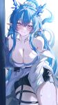  1girl absurdres arknights blue_hair breasts cleavage coat dragon_bubble_(arknights) dragon_girl dragon_horns earrings highres horns jewelry large_breasts ling_(arknights) lolifreak looking_at_viewer multicolored_eyes pointy_ears solo sweat thigh_strap thighs white_coat 