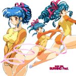  1990s_(style) 1girl ass asuka_120_percent athletic_leotard blue_hair breasts brown_eyes cameltoe covered_navel dark_blue_hair drill_hair gymnastics leotard long_hair looking_at_viewer ookubo_kumi open_mouth ponytail puchidori retro_artstyle rhythmic_gymnastics ribbon simple_background smile solo white_background 