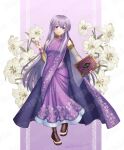  1girl book cape circlet dress fire_emblem fire_emblem:_genealogy_of_the_holy_war floral_background fukukichi2529 full_body holding holding_book julia_(fire_emblem) long_hair purple_cape purple_eyes purple_hair sample_watermark sandals smile solo watermark 