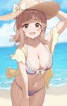  1girl absurdres arms_up beach bikini blue_bikini blue_sky bow breasts brown_eyes brown_hair cleavage cloud cloudy_sky commentary_request hat hat_bow highres horizon idolmaster idolmaster_shiny_colors jacket large_breasts leaning_forward looking_back multicolored_bikini multicolored_clothes navel ocean open_clothes open_jacket open_mouth outdoors sakuragi_mano short_hair short_sleeves skindentation sky smile solo stomach straw_hat sun_hat swimsuit wanimaru yellow_bow yellow_jacket 