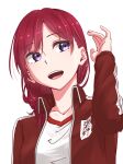  1girl collarbone commentary_request hand_up highres jacket long_sleeves looking_to_the_side love_live! love_live!_school_idol_project medium_hair nishikino_maki open_clothes open_jacket open_mouth purple_eyes red_hair red_jacket s_sho_mkrn shirt solo teeth upper_body upper_teeth_only white_background white_shirt 