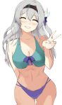  1girl :d absurdres arm_behind_back bikini black_hairband blue_ribbon blush bow breasts cleavage closed_eyes collarbone commentary cowboy_shot facing_viewer firefly_(honkai:_star_rail) grey_hair grin hair_bow hair_ribbon hairband hand_up highres honkai:_star_rail honkai_(series) kagurachi large_breasts legs_together long_hair one_side_up open_mouth purple_bikini ribbon sidelocks simple_background smile solo swimsuit teeth thick_thighs thigh_gap thighs two-tone_bikini v white_background 