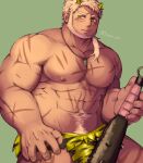  1boy abs animal_print bara beard bulge club_(weapon) cowboy_shot cross_scar facial_hair fangs full_beard green_eyes hiramushi_(yusan_137) kanabou kresnik_(housamo) large_hands large_pectorals looking_at_viewer looking_to_the_side male_focus mature_male multiple_scars muscular muscular_male navel navel_hair nipples oni_costume pectorals scar scar_on_face scar_on_forehead setsubun solo spiked_club standing stomach strongman_waist thick_beard thick_eyebrows thick_navel_hair thick_thighs thighs tiger_print tokyo_afterschool_summoners topless_male weapon white_hair 