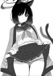  1girl animal_ears ass_visible_through_thighs blue_archive blush cat_ears cat_girl cat_tail clothes_lift cowboy_shot greyscale halo haori highres japanese_clothes jun_project kikyou_(blue_archive) lifted_by_self long_sleeves looking_at_viewer midriff_peek monochrome multiple_tails navel neckerchief panties parted_lips pleated_skirt sailor_collar shirt short_hair simple_background skirt skirt_lift solo tail two_tails underwear white_background 