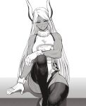  1girl animal_ears bare_shoulders boku_no_hero_academia breasts crescent_print dark-skinned_female dark_skin english_commentary fur_collar gloves greyscale highleg highleg_leotard highres knee_up large_breasts leotard long_eyelashes long_hair looking_at_viewer mirko monochrome parted_bangs parted_lips rabbit_ears rabbit_girl sitting sleeveless_turtleneck_leotard smile solo speedl00ver taut_leotard thighhighs thighs toned very_long_hair 