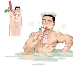  1boy armpit_hair black_hair chengongzi123 chibi chibi_inset commentary completely_nude drink drinking drinking_straw facial_hair goatee_stubble golden_kamuy green_eyes hand_up highres looking_at_viewer male_focus nipples nude onsen partially_submerged scar scar_on_arm scar_on_shoulder short_hair simple_background steam stubble symbol-only_commentary toned toned_male towel towel_on_head tsukishima_hajime upper_body very_short_hair water white_background 