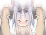  1boy 1girl animal_ear_fluff animal_ears azur_lane bangs black_bow blush bow breasts cat_ears erection eyebrows_visible_through_hair hair_bow hair_grab hetero irrumatio long_hair looking_at_viewer nanaken_nana nipples nose_blush nude oral penis pov red_eyes silver_hair small_breasts twintails yukikaze_(azur_lane) 