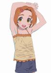  1girl absurdres armpits arms_up bare_shoulders black_shorts blush camisole flat_chest forehead highres idolmaster idolmaster_cinderella_girls long_hair looking_at_viewer orange_hair piezo presenting_armpit ryuzaki_kaoru short_hair shorts simple_background smile solo sweat teeth upper_teeth_only white_background yellow_camisole 