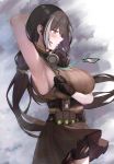  1girl ammunition_pouch arm_under_breasts armpits bangs black_gloves black_hair blush breasts brown_eyes brown_shirt brown_skirt commentary_request earpiece eyebrows_visible_through_hair from_side girls_frontline gloves highres id_card lanyard large_breasts long_hair low_tied_hair mask multicolored_hair pouch ribbed_shirt ro635_(girls_frontline) ru_zhai shirt sideboob skirt sleeveless sleeveless_shirt streaked_hair thighs very_long_hair 