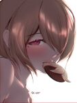  absurdres blush brown_hair chocolate food_in_mouth from_side hair_between_eyes hair_over_one_eye heart heart-shaped_pupils highres honkai_(series) honkai_impact_3rd long_bangs looking_at_viewer mole mole_under_eye nyeppu parted_bangs pink_eyes rita_rossweisse short_hair sidelocks simple_background smile symbol-shaped_pupils valentine white_background 