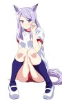  1girl absurdres animal_ears blue_socks buruma closed_mouth commentary ear_ribbon frown full_body gym_shirt gym_uniform hand_in_own_hair highres horse_ears horse_girl horse_tail long_hair looking_at_viewer mejiro_mcqueen_(umamusume) ponzu_rui purple_eyes purple_hair red_buruma ribbon shirt shoes short_sleeves simple_background sitting socks solo t-shirt tail umamusume uwabaki white_background white_footwear white_ribbon white_shirt 