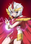  1girl absurdres armor breasts cape cosplay cowlick dress gloves highres kyomeihibiki long_hair low_twintails magic magic_knight_rayearth medium_breasts open_hand parted_lips pauldrons red_background red_cape red_dress senki_zesshou_symphogear shidou_hikaru shidou_hikaru_(cosplay) short_dress shoulder_armor solo twintails twitter_username v-fin v-shaped_eyebrows white_gloves white_hair yukine_chris 