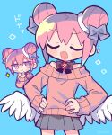  1girl angel angel_wings aqua_background black_bow blush_stickers bow bow_choker chibi chibi_inset closed_eyes closed_mouth dadadada_tenshi double_bun feathered_wings grey_skirt hair_between_eyes hair_bow hair_bun hands_on_own_hips highres indie_utaite nanawo_akari off-shoulder_sweater off_shoulder open_mouth pink_eyes pink_hair pink_sweater pleated_skirt richard_(richaball) short_hair sidelocks simple_background skirt smile solo sparkle sweater utaite white_wings wings 