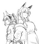  2girls animal_ears arknights belt closed_mouth coat collared_shirt dragon_girl dragon_horns fox_ears fox_girl franka_(arknights) greyscale hair_between_eyes haruichi_(sazanami_complex) hatching_(texture) horns jacket light_smile linear_hatching liskarm_(arknights) long_hair long_sleeves looking_ahead looking_at_viewer monochrome multiple_girls necktie off_shoulder open_clothes open_coat ponytail profile shirt sidelocks simple_background skirt sleeves_past_elbows twitter_username watermark white_background 