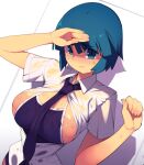  1girl black_necktie blue_eyes blue_hair bob_cut breasts closed_mouth collared_shirt large_areolae large_breasts looking_at_viewer metata monochrome_background necktie one-piece_swimsuit original partially_unbuttoned salute see-through shirt short_sleeves solo swimsuit swimsuit_under_clothes undersized_breast_cup undersized_clothes wet wet_clothes 
