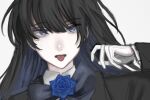  1girl ado_(utaite) black_coat black_hair blue_bow blue_bowtie blue_eyes blue_flower blue_hair blue_rose bow bowtie chando_(ado) cloud_nine_inc coat collared_shirt colored_inner_hair commentary flower flower_brooch gloves grey_background hair_between_eyes hand_up highres long_hair long_sleeves mole mole_under_eye multicolored_hair open_mouth portrait raiko_(rai_ko_34) red_pupils rose shirt simple_background solo tongue tongue_out two-tone_hair utaite white_gloves 