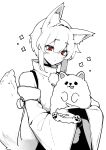  1641_(chfhrtor94) 1girl :3 animal animal_ear_fluff animal_ears closed_mouth commentary_request cowboy_shot detached_sleeves dog expressionless greyscale highres holding holding_animal holding_dog inubashiri_momiji monochrome pom_pom_(clothes) red_eyes shirt short_hair_with_long_locks simple_background skirt sleeveless sleeveless_shirt solo spot_color tail tongue tongue_out touhou turtleneck white_background wide_sleeves wolf_ears wolf_girl wolf_tail 