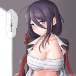  1girl ahoge ariake_(kantai_collection) black_jacket blush breasts cleavage collarbone cypress gradient gradient_background jacket kantai_collection large_breasts long_hair looking_at_viewer loose_necktie necktie open_clothes open_shirt purple_eyes purple_hair red_neckwear sarashi shirt solo translation_request white_shirt 
