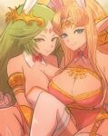  2girls animal_ears blonde_hair blue_eyes breasts cleavage green_eyes green_hair highres kid_icarus multiple_girls omiza_somi palutena playboy_bunny princess_zelda rabbit_ears super_smash_bros. the_legend_of_zelda tiara 