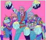  1girl 2boys animification annoyed apex_legends beard blue_pants blue_vest caustic_(apex_legends) collared_shirt eyepatch facial_hair fuse_(apex_legends) gas_mask glasses goggles goggles_on_head grey_hair hair_behind_ear hair_bun high-waist_pants jacket looking_to_the_side mask mizu_cx multiple_boys mustache official_alternate_costume one_eye_closed one_eye_covered open_mouth pants pink_background pinstripe_pants pinstripe_pattern pinstripe_vest pom_pom_(cheerleading) professor_fitzroy_fuse professor_nox_caustic professor_paquette_wattson shirt single_hair_bun smile v-shaped_eyebrows vest wattson_(apex_legends) white_jacket white_shirt 