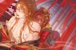  1boy 1girl abs brown_eyes brown_hair chinese_clothes closed_eyes dress dutch_angle femdom hair_ornament hanfu hetero highres long_hair luke_pearce_(tears_of_themis) lying mjm_(user_afra8722) muscular muscular_male nail_polish on_stomach open_mouth red_dress red_nails rosa_(tears_of_themis) tears_of_themis very_long_hair 