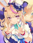  1girl :3 absurdres animal_ears black_hair blonde_hair blue_bow bow commentary_request double_w facial_mark fox_ears fox_girl from_above grey_background hair_bow hair_ornament hat heart heart-shaped_pupils highres hololive hololive_idol_uniform_(bright) long_hair looking_at_viewer mini_hat minus_zero69 multicolored_hair official_alternate_costume omaru_polka pink_hair playing_card_theme purple_eyes shorts solo sparkle star_(symbol) star_hair_ornament streaked_hair symbol-shaped_pupils virtual_youtuber w x_hair_ornament 