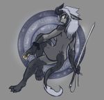  anthro black_body butt chain claws dragon female grey_body grey_hair hair hijackerdraws_(artist) holding_object holding_weapon horn melee_weapon red_eyes simple_background solo sword weapon 