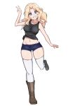  1girl absurdres black_tank_top blonde_hair blue_eyes blue_shorts boots breasts brown_footwear collarbone denim denim_shorts full_body girls_und_panzer grin highres kay_(girls_und_panzer) knee_boots large_breasts lazurite_(user_8870367) long_hair looking_at_viewer navel parted_bangs parted_lips shiny_skin short_shorts shorts smile solo tank_top teeth thighhighs white_thighhighs 