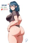  1girl absurdres ass black_panties blue_eyes blush breasts byleth_(female)_(fire_emblem) byleth_(fire_emblem) cleavage_cutout clothing_cutout deliciousbrain fire_emblem fire_emblem:_three_houses from_behind highres large_breasts looking_at_viewer looking_back medium_hair meme panties shirt smile solo thick_thighs thighs twitter_strip_game_(meme) underwear white_background 