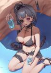  1girl alchemy_stars anklet arm_up bangs bare_arms bare_shoulders beach_towel bikini black_bikini blush breasts c2h4labs choker cleavage commentary_request cup disposable_cup drinking_straw eicy_(alchemy_stars) eyepatch grey_hair hair_ornament hair_scrunchie high_ponytail highres holding holding_cup jewelry large_breasts leg_garter long_hair looking_at_viewer navel open_mouth ponytail purple_eyes rosary sand sandals scrunchie shade side_ponytail sitting smile solo swimsuit towel wet yokozuwari 