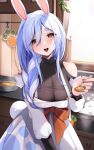  1girl :d animal_ear_fluff animal_ears blue_hair blush braid braided_ponytail breasts cleavage clothing_cutout commentary_request feeding food hair_between_eyes highres hiroside holding holding_spoon hololive incoming_food kitchen large_breasts long_hair looking_at_viewer mature_female multicolored_hair open_mouth orange_eyes pekomama rabbit_ears rabbit_girl see-through see-through_cleavage short_eyebrows shoulder_cutout smile solo spoon teeth thick_eyebrows upper_teeth_only virtual_youtuber white_hair 