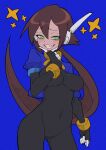  1girl absurdres aile_(mega_man_zx) black_bodysuit blue_background blue_jacket blush bodysuit bodysuit_under_clothes breasts brown_hair buzzlyears covered_collarbone covered_navel cropped_jacket faux_traditional_media glowing green_eyes highres jacket large_breasts long_hair looking_at_viewer mega_man_(series) mega_man_zx mega_man_zx_advent no_pants open_clothes open_jacket ponytail robot_ears sharp_teeth simple_background smile smirk solo teeth 