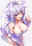  1girl animal_ears bare_shoulders breasts camisole cat_ears cat_girl cat_tail cleavage clenched_hand full_body highres hololive jacket kajimakoto kneeling large_breasts nekomata_okayu nekomata_okayu_(membership) off_shoulder purple_camisole purple_eyes purple_hair purple_jacket purple_nails simple_background solo spaghetti_strap tail two_side_up white_background 