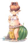  1girl armband bangs bare_legs bikini bikini_top blue_eyes blush bracelet brown_hair earrings final_fantasy final_fantasy_xiv floral_print flower food front-tie_bikini front-tie_top fruit halterneck heterochromia highres jewelry lalafell navel necklace open_toe_shoes pink_flower pointy_ears rock sarong side_slit simple_background sleeveless solo sweat sweatdrop swimsuit tenescross tied_hair water watermelon white_background white_bikini yellow_eyes yellow_sarong 