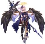  1girl angel ark_order black_wings breasts cleavage flying highres holding holding_staff large_breasts looking_at_viewer lucifer_(ark_order) navel official_art photoshop_(medium) single_thighhigh staff thighhighs wings you_ni_ge_shaobing 
