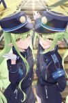  2girls black_hat blue_archive blush demon_tail fang gloves green_hair green_halo halo hat highlander_sidelocks_conductor_(blue_archive) highlander_twintails_conductor_(blue_archive) highres long_hair long_sleeves looking_at_viewer multiple_girls open_mouth peaked_cap pleated_skirt pointy_ears shorts skirt smile tail tenki_nori twintails white_gloves yellow_eyes 
