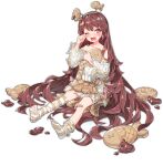  1girl absurdly_long_hair ark_order bandaid bandaid_on_knee bandaid_on_leg bare_shoulders blush brown_footwear brown_hair crying cuisine_dimension dress fish_hair_ornament food full_body hair_ornament hairband head_boppers heart long_hair looking_at_viewer loose_socks off-shoulder_sweater off_shoulder official_alternate_costume official_art one_eye_closed open_mouth red_eyes ronopu sleeves_past_fingers sleeves_past_wrists slippers socks solo striped_clothes striped_socks stuffed_animal stuffed_fish stuffed_toy sweater sweater_dress symbol-shaped_pupils tachi-e taiyaki taiyaki_(cuisine_dimension) tears torn_clothes transparent_background very_long_hair wagashi wiping_tears 