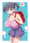  1girl absurdres backpack bag bag_charm black_hair blush border breasts camisole charm_(object) cleavage collarbone commentary_request commission covered_nipples eggman_(pixiv28975023) grin heart heart-shaped_eyes highres huge_breasts looking_at_viewer mesugaki oppai_loli original pink_camisole purple_eyes purple_skirt randoseru short_hair short_twintails simple_background skeb_commission skirt smile solo_focus spoken_heart standing twintails 