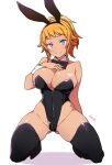  1girl alternate_skin_color animal_ears batta_16-sei black_leotard black_thighhighs blue_eyes breasts cleavage closed_mouth commentary_request dark-skinned_female dark_skin fake_animal_ears gundam gundam_build_fighters hand_on_own_chest highleg highleg_leotard highres hoshino_fumina kneeling large_breasts leotard looking_at_viewer orange_hair ponytail rabbit_ears signature simple_background smile solo strapless strapless_leotard thighhighs white_background white_wrist_cuffs wrist_cuffs 