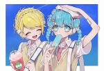  2girls :d alternate_hairstyle ao_(ao0_0nemu) arm_up bad_id bad_twitter_id blonde_hair blue_background blue_eyes blue_hair border braid closed_eyes collared_shirt commentary_request crown_braid cup disposable_cup dorothy_west food food_in_mouth hand_up hands_up highres holding holding_cup holding_food holding_popsicle holding_strap holding_towel looking_up midorikaze_fuwari multiple_girls necktie open_mouth paprika_private_academy_school_uniform pink_necktie popsicle popsicle_in_mouth pretty_series pripara school_uniform shirt short_hair smile towel twin_braids upper_body vest white_border white_shirt yellow_vest 