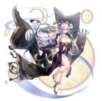  1girl aqua_eyes ark_order armpits bare_shoulders black_dress black_gloves breasts changxi_(ark_order) cleavage closed_mouth collarbone dress elbow_gloves finger_in_own_mouth floating floating_hair flower full_body full_moon gloves hair_between_eyes hair_flower hair_ornament hair_rings high_heels highres long_hair looking_at_viewer midriff mole mole_on_breast moon navel official_art panties purple_hair revealing_clothes side-tie_panties sidelocks solo tachi-e underwear very_long_hair you_ni_ge_shaobing 