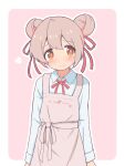  1girl apron blush border brown_eyes clothes_writing commentary double_bun hair_between_eyes hair_bun hair_ribbon heart highres long_sleeves looking_at_viewer neck_ribbon onii-chan_wa_oshimai! outline outside_border oyama_mahiro pink_apron pink_background pink_hair red_ribbon ribbon shirt simple_background smile solo unkimo upper_body white_border white_outline white_shirt wing_collar 