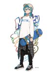  1girl bandaid bandaid_on_face baseball_cap black_footwear black_pants blue_eyes blue_hair checkered_clothes checkered_skirt closed_mouth denim full_body graffiti hair_between_eyes hair_ornament hairclip hassan_(sink916) hat hatsune_miku highres holding holding_skateboard jeans jewelry long_hair long_sleeves looking_at_viewer multicolored_eyes necklace official_art pants ring shirt shoes simple_background skateboard skirt sleeves_past_wrists sneakers solo standing tachi-e torn_clothes torn_jeans torn_pants twintails vocaloid watch white_background white_shirt wristwatch yellow_eyes 