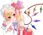  1girl absurdres blonde_hair cowboy_shot crystal_wings dress flandre_scarlet flower hair_flower hair_ornament hat highres leaning_forward open_mouth red_dress red_eyes red_ribbon ribbon rori82li side_ponytail simple_background solo touhou white_background wrist_cuffs 