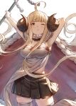  anila_(granblue_fantasy) armpits blonde_hair blunt_bangs breasts cape curled_horns draph fagi_(kakikaki) granblue_fantasy harvin highres hikimayu horns miniskirt sheep_horns short_eyebrows skirt stretching thick_eyebrows yellow_eyes 