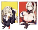  black_gloves black_jacket breasts cleavage fate/grand_order fate_(series) flower gloves grey_hair hair_flower hair_ornament highres jacket large_breasts long_hair marie_antoinette_(alter)_(fate) marie_antoinette_(alter)_(third_ascension)_(fate) marie_antoinette_(fate) necktie red_background red_necktie shirt side_ponytail smile toura_higashi twintails white_shirt yellow_background yellow_eyes 