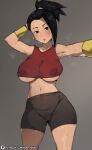  armpits ass bare_shoulders black_eyes black_hair blush bob_(bobtheneet) bracelet breasts brown_shorts cameltoe collarbone covered_nipples curvy dragon_ball dragon_ball_super earrings gold_bracelet grey_background hand_on_own_head hand_out_of_frame highres huge_breasts jewelry kale_(dragon_ball) large_areolae large_breasts long_hair looking_at_viewer midriff navel plump ponytail red_shirt shirt shorts simple_background steam steaming_body sweat tank_top thighs 